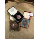 Three boxed brass sporting medallions.