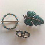 Three good Antique turquoise set brooches set in g