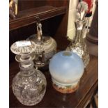 Glass decanters, kettle on stand etc.