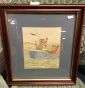 A Louis Wain style framed and glazed picture.