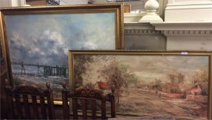 Two framed oil paintings.
