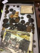 Silver and other coins and postcards.