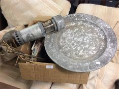 A pewter charger, old miner's lamp etc.