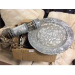 A pewter charger, old miner's lamp etc.