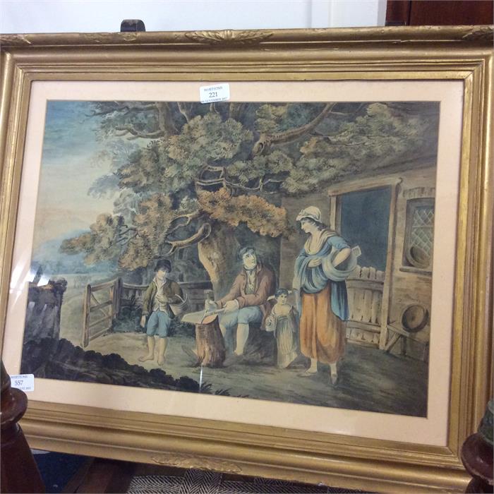 A large framed and glazed print of a cottage scene