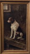 An oil on canvas of a hound in a stable block in s