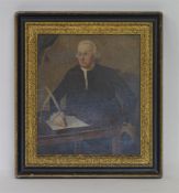 A portrait of a cleric with quill at his desk. Oil