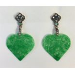 A pair of unusual carved jade pendant earrings mou