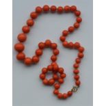A large Antique graduated string of coral beads of
