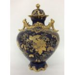 A large French blue gilded vase and cover. Approx.