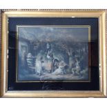 A gilt framed mezzotint of figures under a tree. A