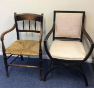 A Continental upholstered hall chair with reeded a