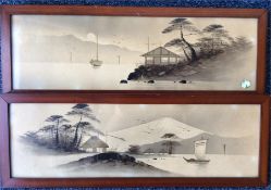 A pair of Japanese lakeside scenes with boats. Imp