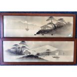 A pair of Japanese lakeside scenes with boats. Imp