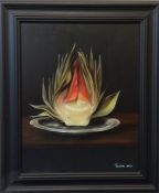 PAUL KARSLAKE: An artichoke on platter. Oil on can