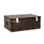 A 19th century and later oak and metal bound trunk, w.