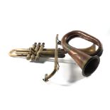 A Hume Brothers copper and brass bugle together with a brass trumpet CONDITION REPORT: