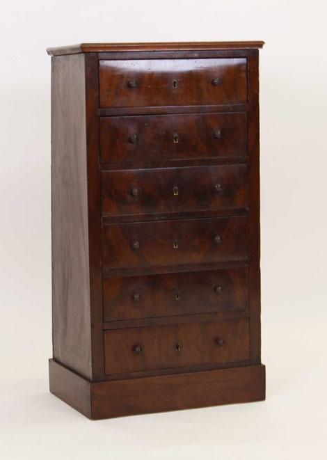 A 19th century French mahogany Wellington-type chest with six drawers on a plinth base, w.