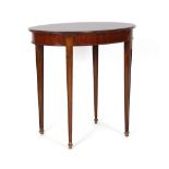 A Sheraton-style oval occasional table with a walnut and marquetry surface on square tapering legs,