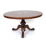 A 19th century figured walnut circular breakfast table on a turned column with three splayed feet,