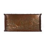 An Arts & Crafts hammered copper tray of rectangular form relief decorated with boys crouching