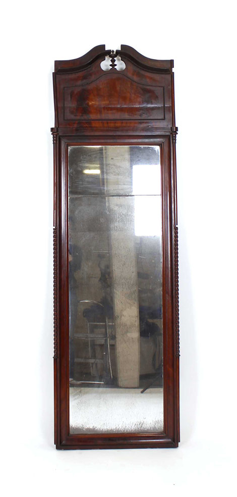 A 19th century mahogany pier mirror with an architectural pediment and turned pilasters,