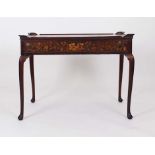 An 18th century English oak and marquetry table with raised corners over a single frieze drawer on