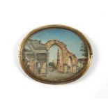 A 19th century miniature watercolour on ivory depicting the ruins of an Eastern palace,