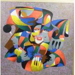 A Krasnyansky, a stylised study of three overlapping jester's faces, signed, gouache on card,