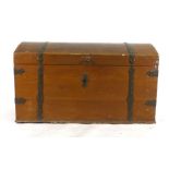 An overpainted pine and metal bound bow topped trunk, l.