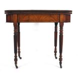 A 19th century mahogany and rosewood crossbanded tea table, the folding top on four turned legs, w.