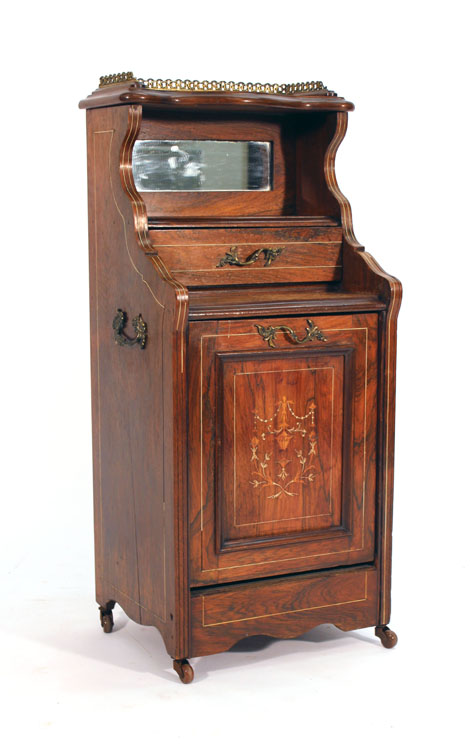 A late 19th century rosewood, strung and marquetry scuttle with a mirrored back, w.