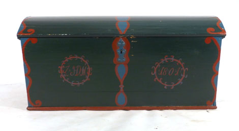 An overpainted pine bow topped marriage-type chest, l.