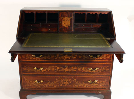 A Sheraton-type mahogany, marquetry and brass mounted bureau,