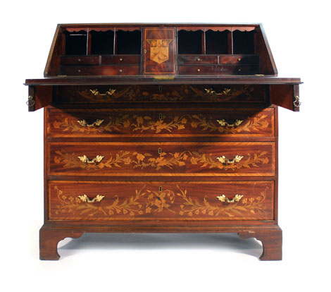 A Sheraton-type mahogany, marquetry and brass mounted bureau, - Image 2 of 3