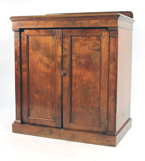 A 19th century mahogany cabinet, the two solid doors flanked by pilasters on a plinth base, w. - Image 2 of 3