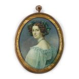 A 19th century miniature head and shoulders watercolour portrait on ivory of Auguste Strobl,