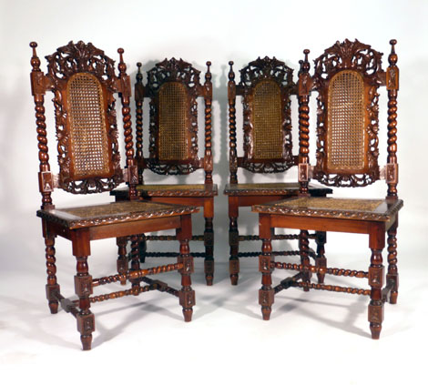 A set of ten reproduction Charles II-type beech and bergere highback dining chairs