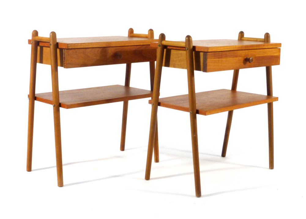 A pair of 1970's Swedish teak single drawer bedside cabinets on beech tapering legs, w.