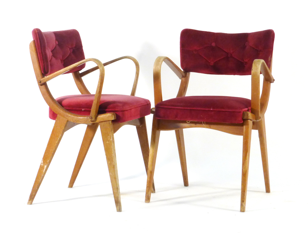 A pair of 'Ben Chairs' red button upholstered armchairs with beech bentwood frames