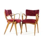 A pair of 'Ben Chairs' red button upholstered armchairs with beech bentwood frames