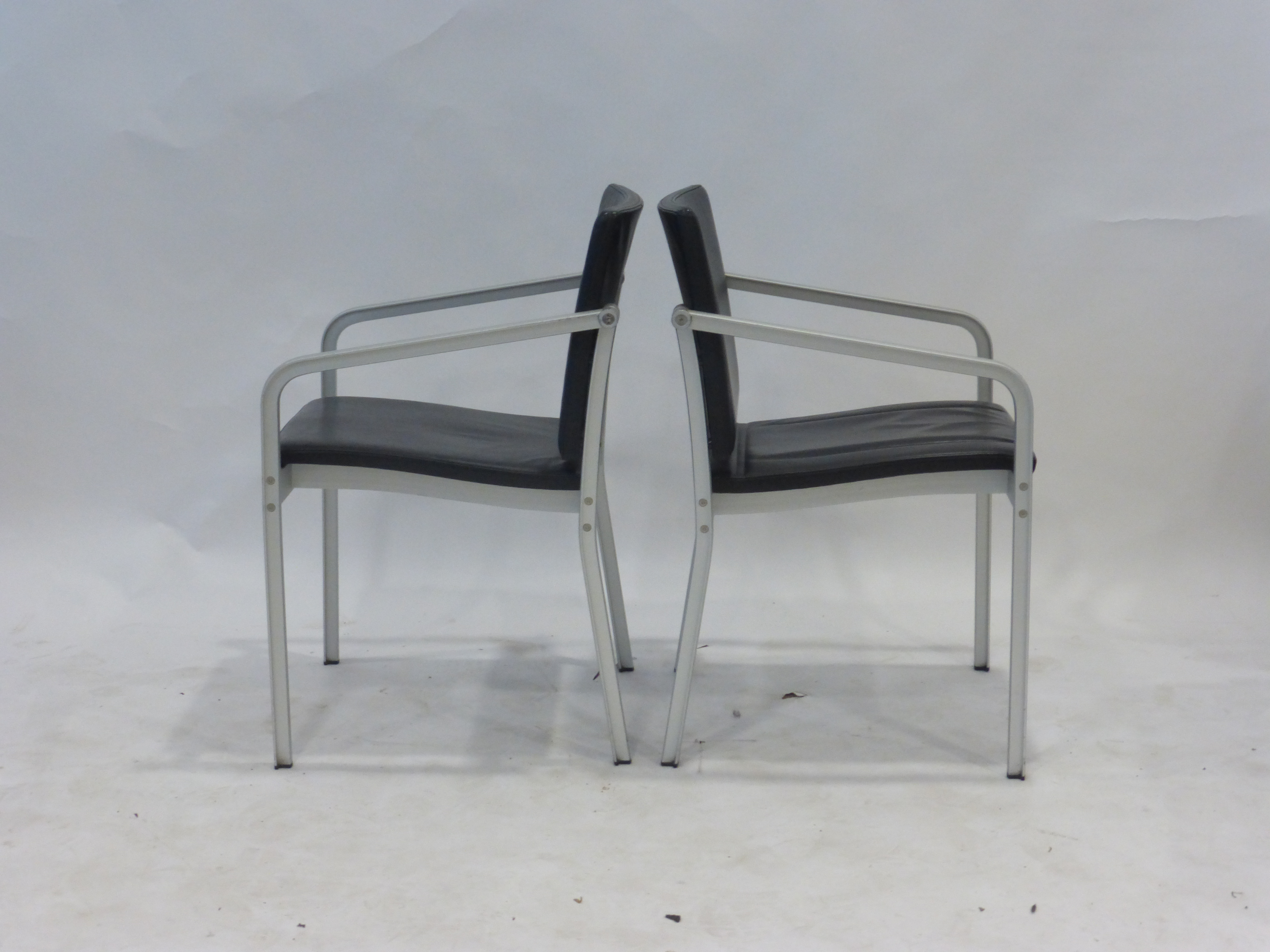 A set of six Thonet black leather and steel framed stacking office armchairs - Image 2 of 3