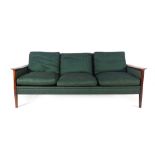 A 1960's Danish sofa, the Brazilian rosewood frame with green upholstery and cushions,