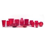 A group of thirteen 1940's Whitefriars ruby coloured glass vases,