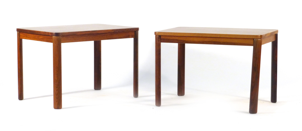 A pair of Swedish 1960's rosewood and crossbanded side tables on curved legs,