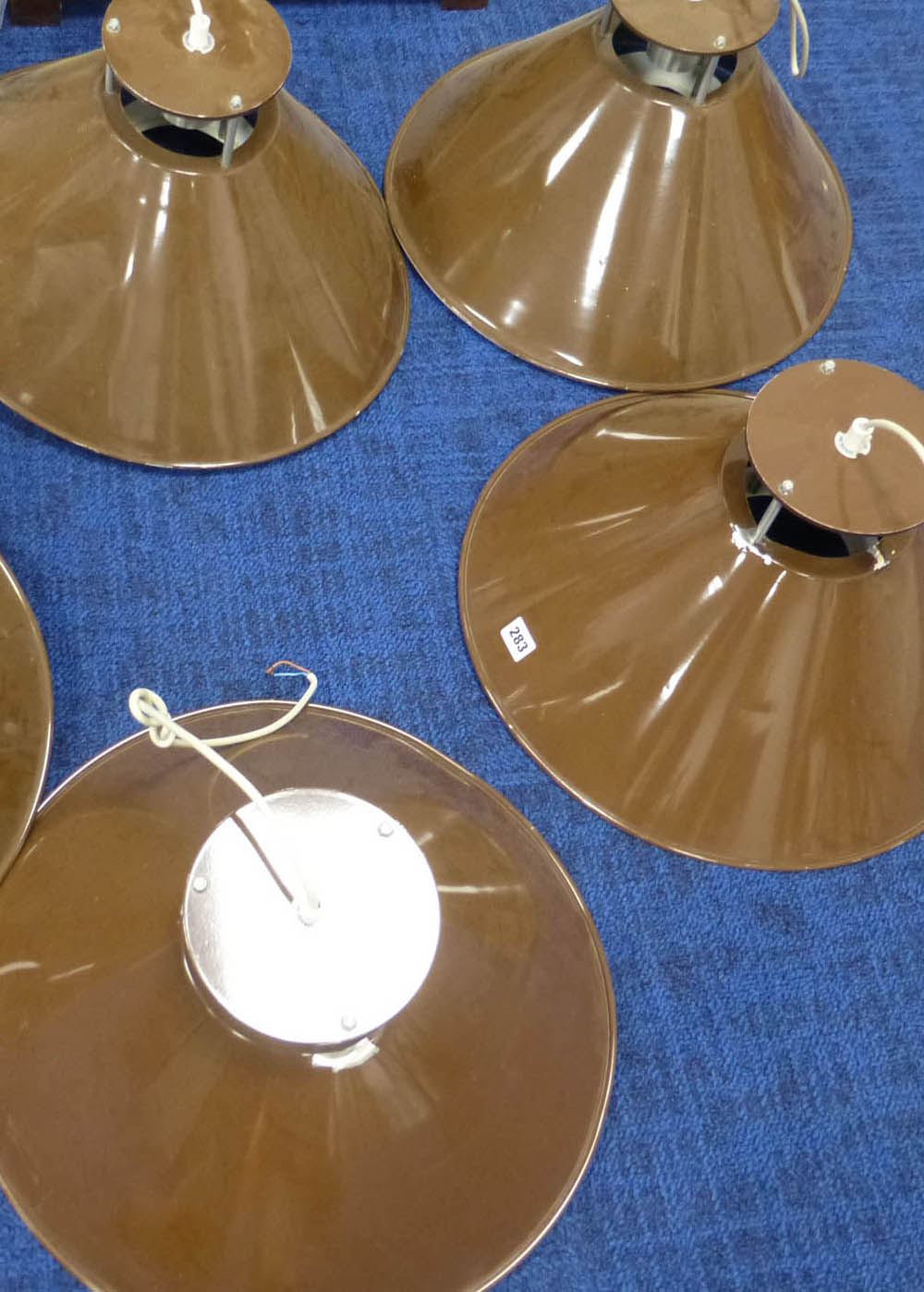 A set of four Danish 1970's brown enamelled pendant ceiling lights of trumpet form with aluminium - Image 2 of 2