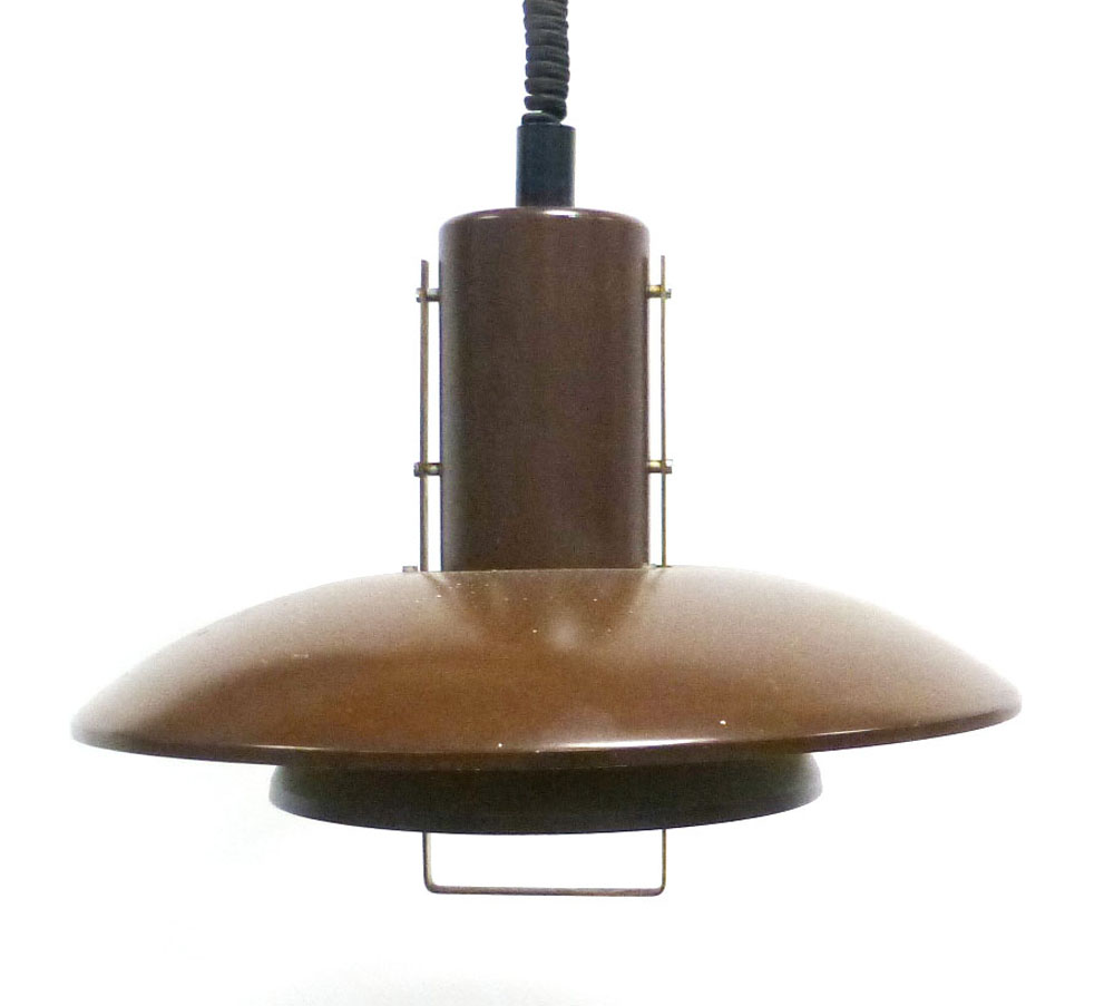 A Danish brown enamelled pull-down ceiling light with a brass handle CONDITION REPORT: