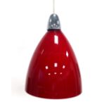 A red spun plastic pendant ceiling light CONDITION REPORT: Working order unknown and