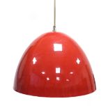 A red enamelled ceiling lamp with a cream interior