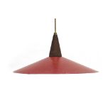 A 1970's red enamelled ceiling light with a teak cap CONDITION REPORT: Working order